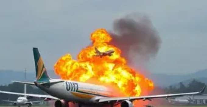 explosão de motor em avião