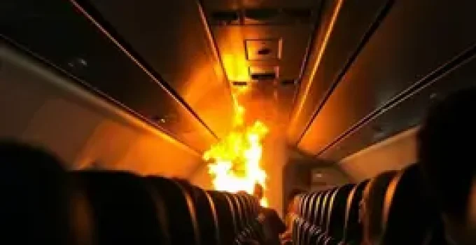 avião com motor em chamas