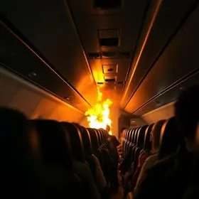 avião com motor em chamas